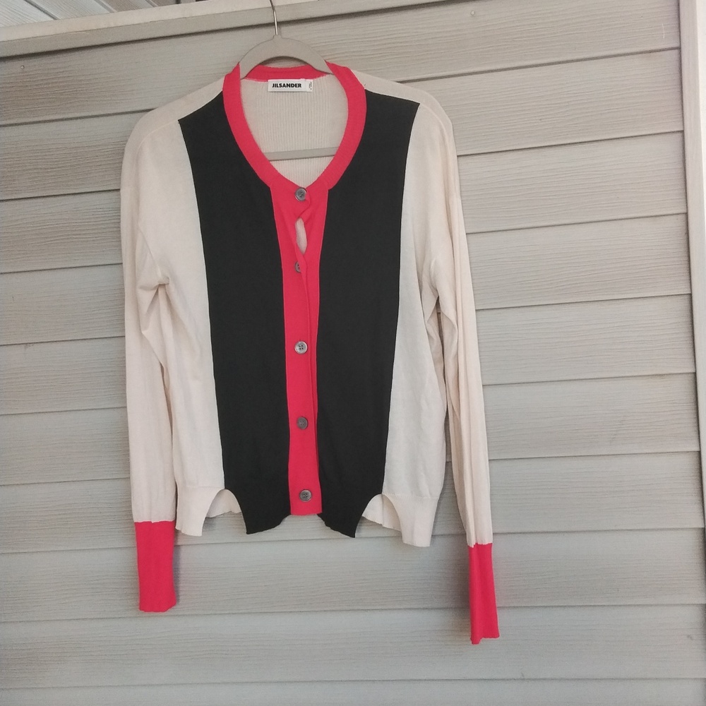 Jil Sander Navy Blue, Red, and White Cardigan, Silk, Cotton and Cashmere